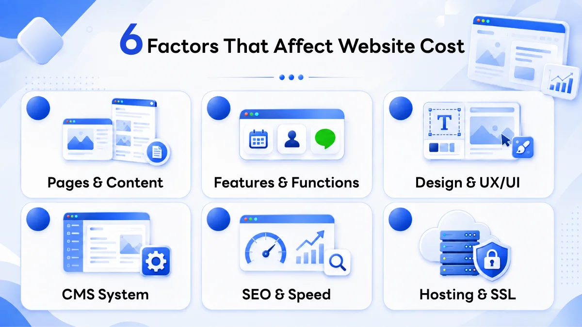 The 6 main factors that determine website pricing are: number of pages, features, design, backend system, SEO, and hosting.