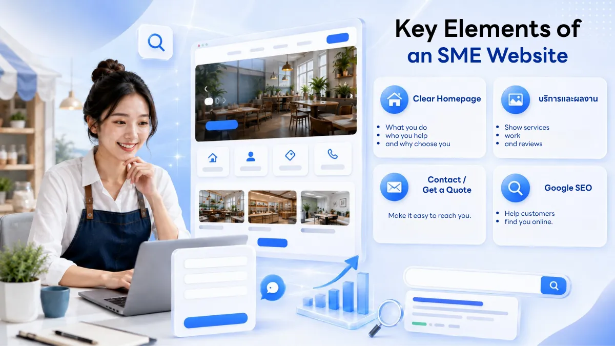 Infographic showing four essential elements of an SME business website: a clear homepage, services and portfolio, contact and quote system, and Google SEO.