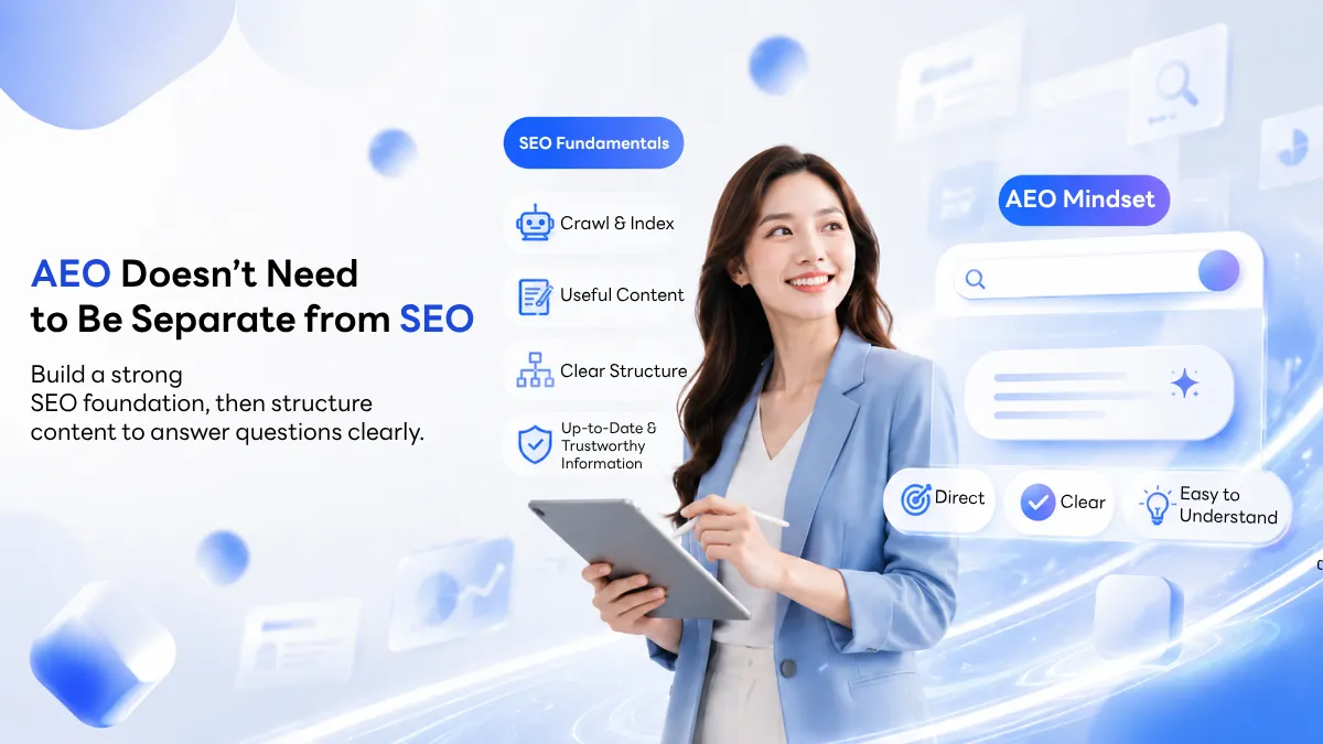 Infographic illustrating SEO fundamentals and AEO content strategy for search optimization.