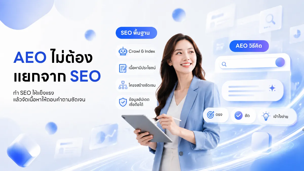 ภาพประกอบกลยุทธ์ SEO และ AEO แสดงขั้นตอน Crawl & Index โครงสร้างชัดเจน และการจัดเนื้อหาตอบคำถามให้ตรง ชัด เข้าใจง่าย