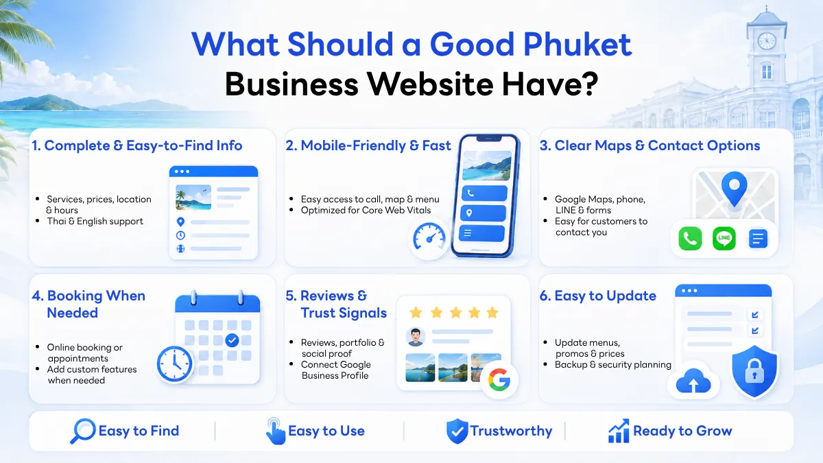 Infographic showing 6 essential features of an effective Phuket business website