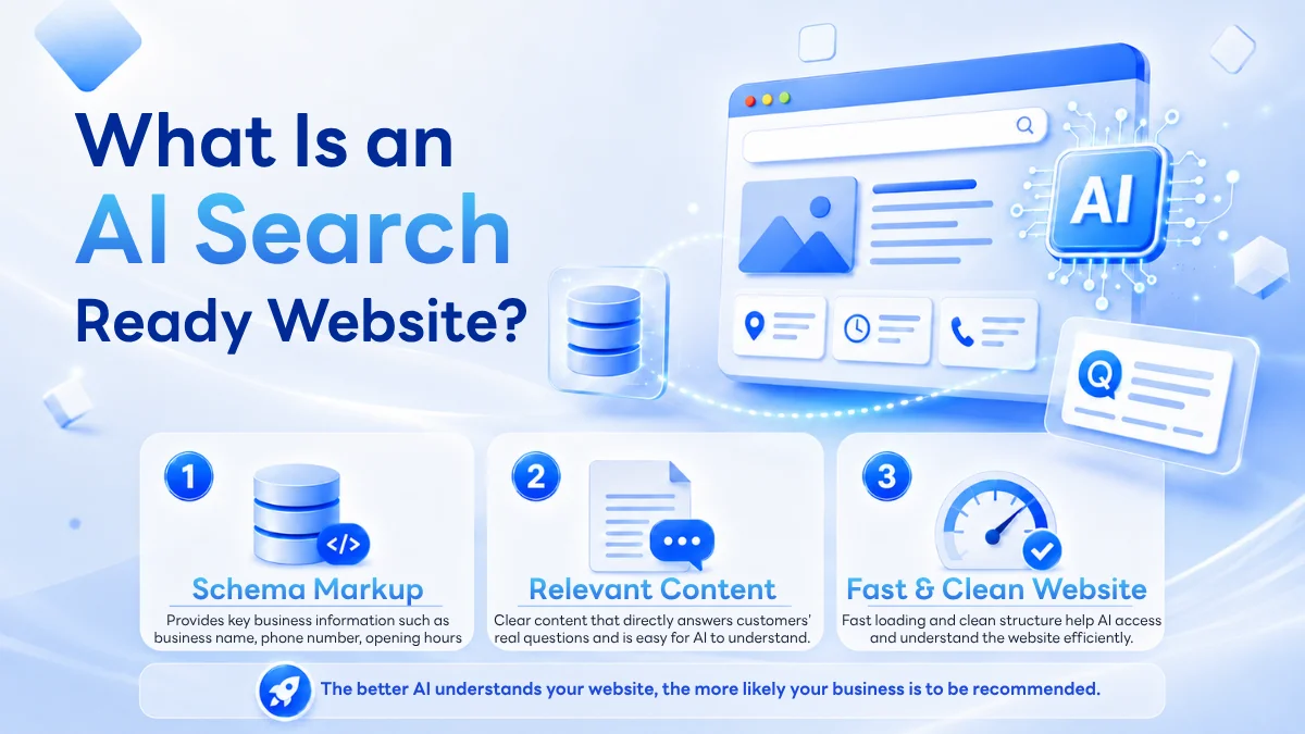 3D illustration with the text "What Is an AI Search Ready Website?" surrounded by icons representing database structure, AI chat, and website speed.
