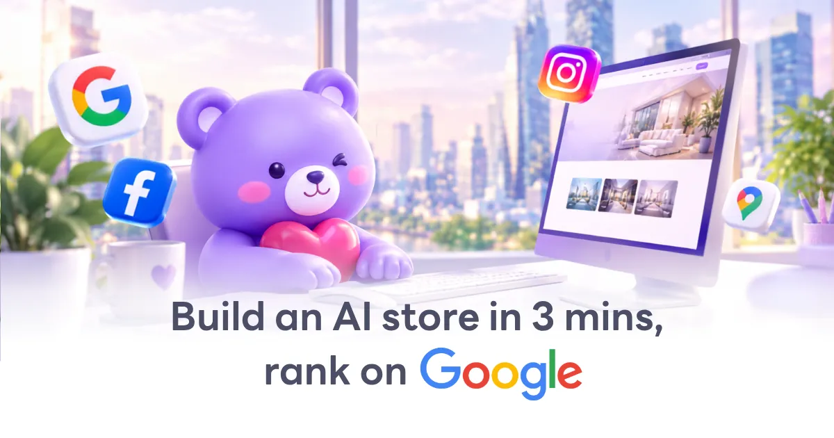 Promotional graphic for building a website with AI in 3 minutes, featuring social media icons and a website layout preview.